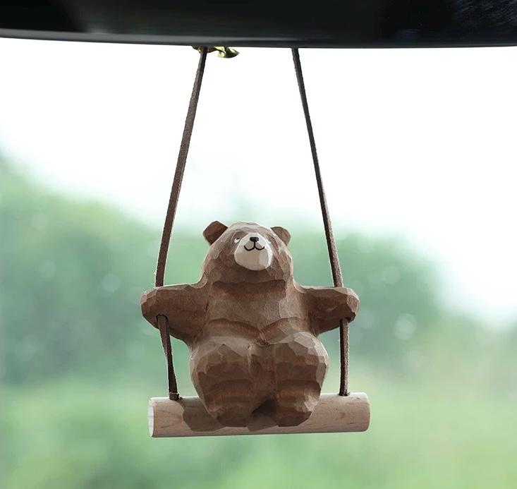 Wooden Hand-Carved Bear Swing Car Hanging Ornament, Cute Wooden Animal Rearview Mirror Charm, Handmade Car Decor, Bag Charm, Keychain Gift