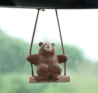 Wooden Hand-Carved Bear Swing Car Hanging Ornament, Cute Wooden Animal Rearview Mirror Charm, Handmade Car Decor, Bag Charm, Keychain Gift