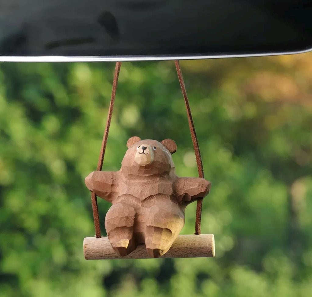 Wooden Hand-Carved Bear Swing Car Hanging Ornament, Cute Wooden Animal Rearview Mirror Charm, Handmade Car Decor, Bag Charm, Keychain Gift