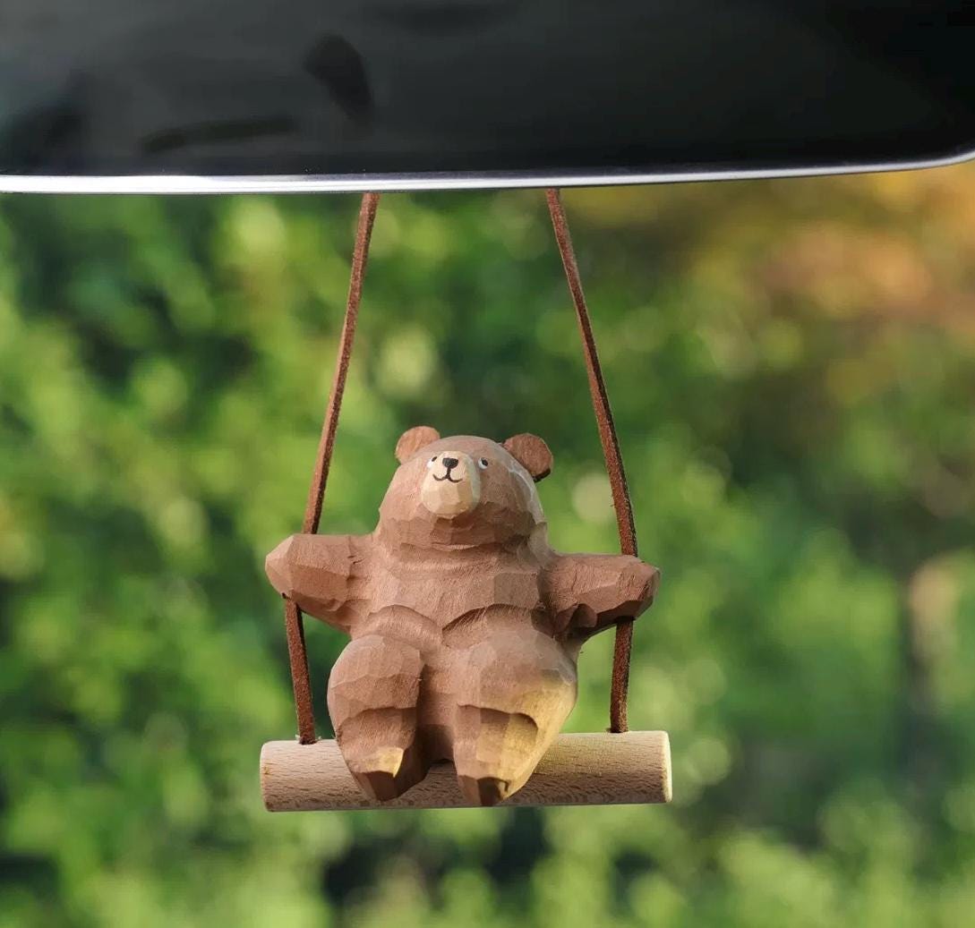 Wooden Hand-Carved Bear Swing Car Hanging Ornament, Cute Wooden Animal Rearview Mirror Charm, Handmade Car Decor, Bag Charm, Keychain Gift