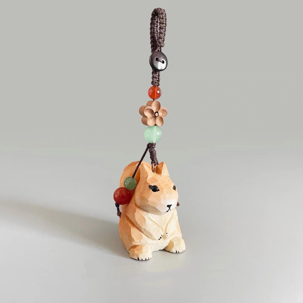Japanese Hand Carved Wooden Squirrel Keychain, Cute Animal Bag Charm, Handmade Wood Carving Pendant, Car Hanging Ornament, Gift Idea