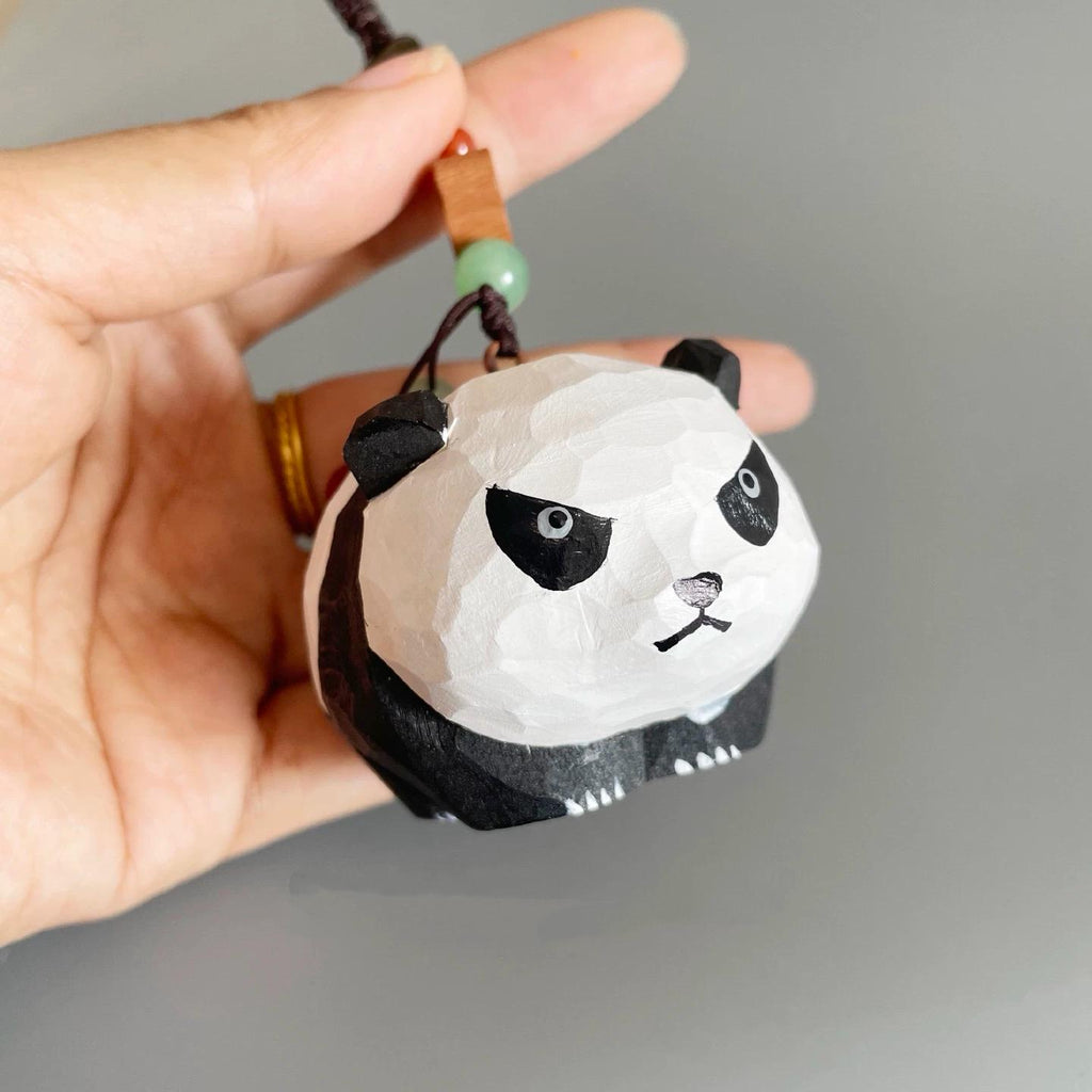 Japanese Style Angry Panda Wood Carving Keychain, Handmade Animal Charm, Cute Panda Bag Charm, Wooden Car Accessory, Gift for Her
