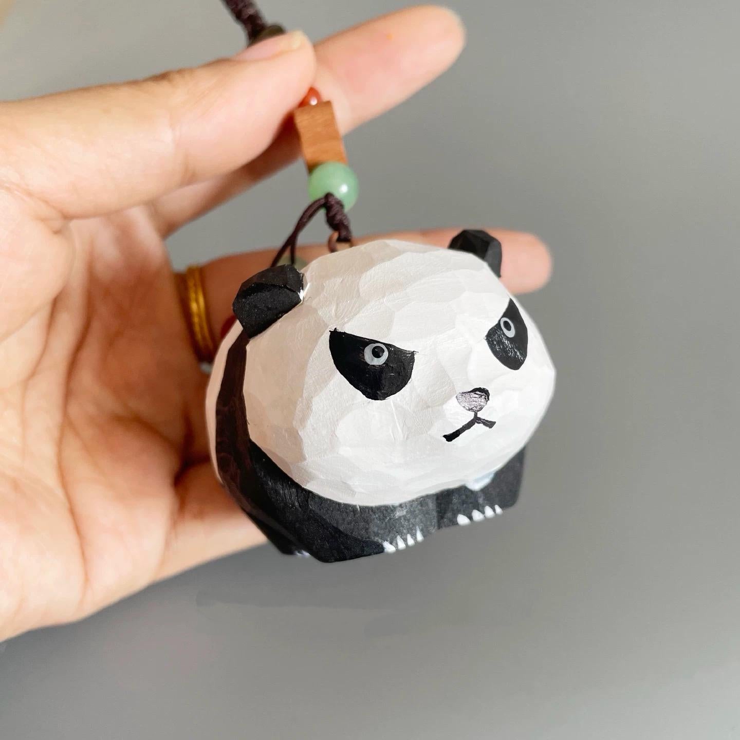 Japanese Style Angry Panda Wood Carving Keychain, Handmade Animal Charm, Cute Panda Bag Charm, Wooden Car Accessory, Gift for Her