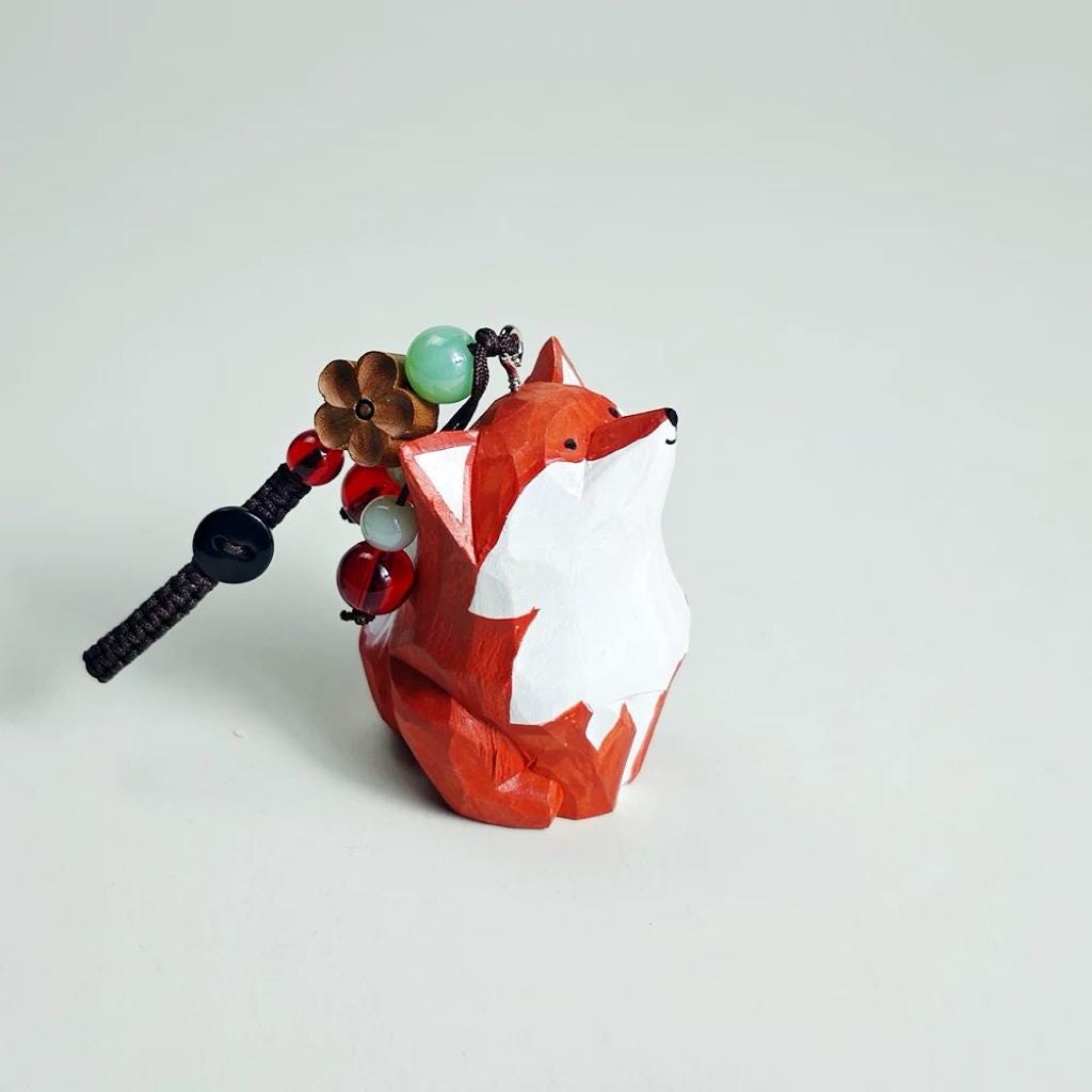 Hand Carved Wooden Fox Keychain, Minimalist Animal Bag Charm with Beaded Cord, Handmade Wood Fox Pendant for Backpack, Gift for Friends