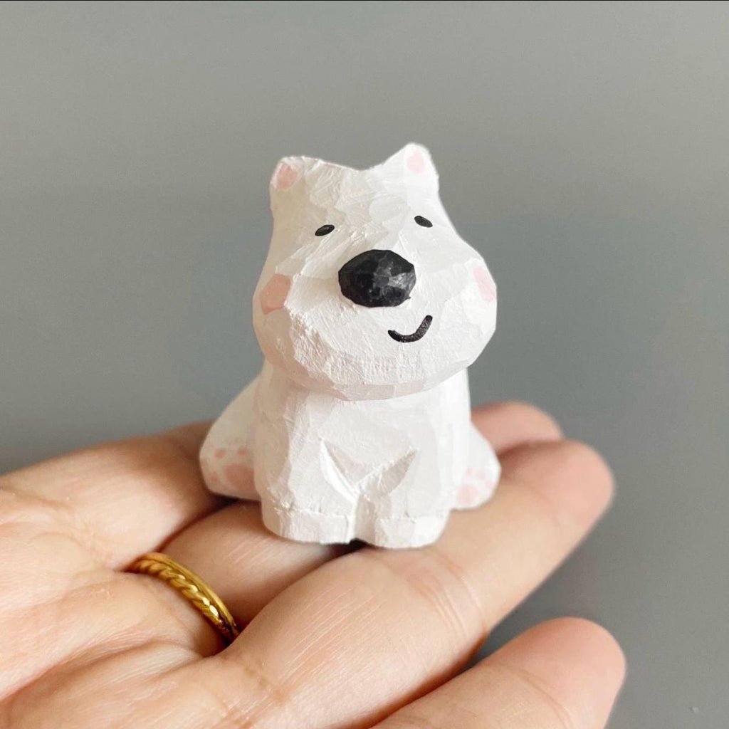 Hand Carved Wooden Westie Figurine – Minimalist White Puppy Sculpture, Handmade Desk Decor, Cute Animal Ornament, Gift for Dog Lovers, Art