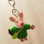 Handmade Wool Felt Pig Keychain, Cute Artist Pig Bag Charm, Needle Felt Animal Pendant, Green Sweater Pig Gift for Her