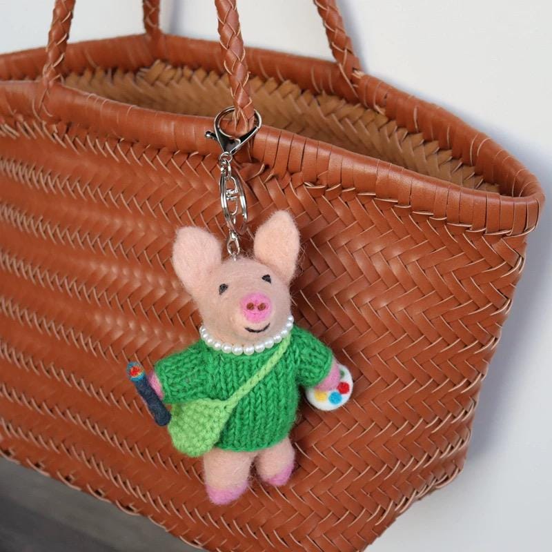 Handmade Wool Felt Pig Keychain, Cute Artist Pig Bag Charm, Needle Felt Animal Pendant, Green Sweater Pig Gift for Her