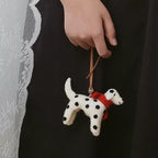Handmade Wool Felt Dalmatian Dog Keychain, Spotted Puppy with Red Scarf, Animal Bag Charm