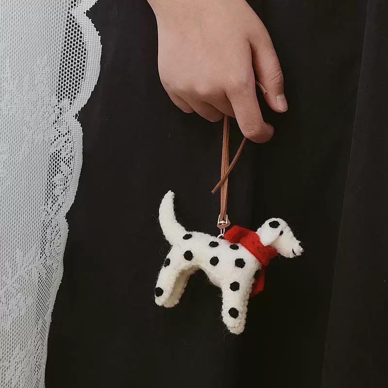 Handmade Wool Felt Dalmatian Dog Keychain, Spotted Puppy with Red Scarf, Animal Bag Charm