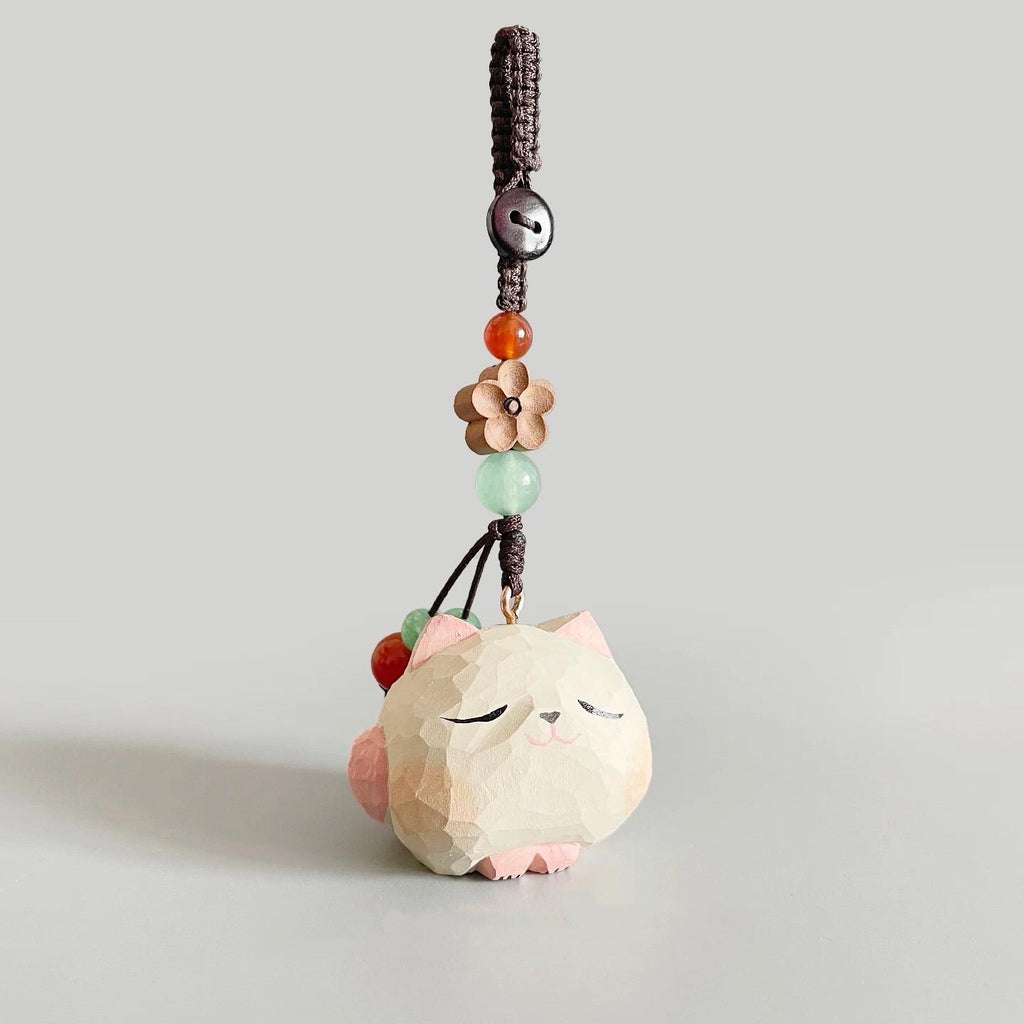 Japanese Handmade Wooden Cat Keychain, Cute Sleeping Cat Wood Carving Bag Charm, Kawaii Animal Pendant, Minimalist Pet Gift