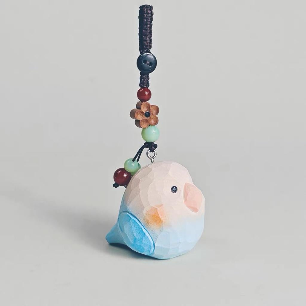 Japanese Handmade Wooden Blue Bird Keychain, Cute Bird Wood Carving Bag Charm, Kawaii Animal Pendant Key Chain, Lucky Gift for Her