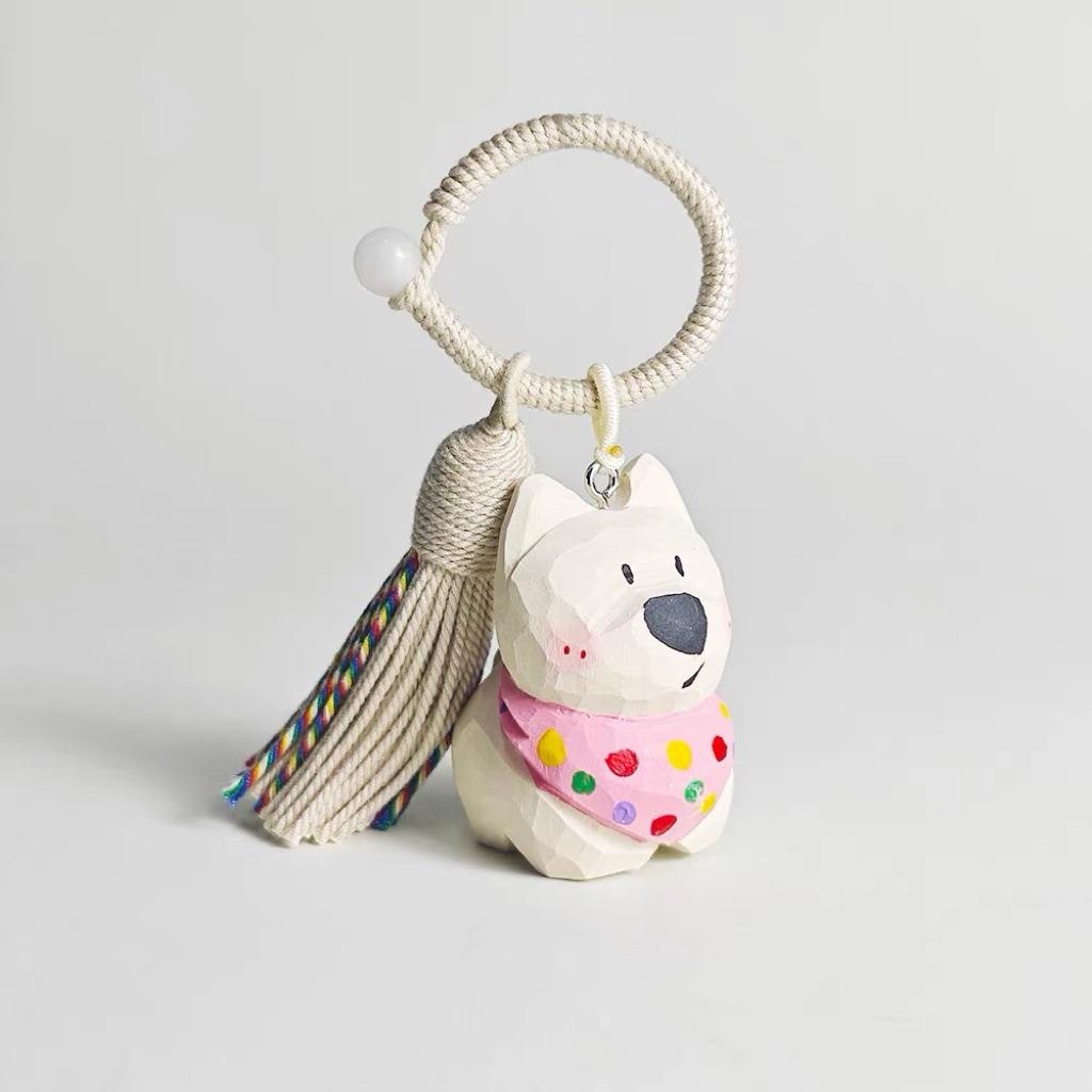 Japanese Style West Highland Terrier Wood Carving Keychain, Hand Carved Westie Dog Charm, Cute Bag Charm, Car Key Holder, Gift for Dog Lover