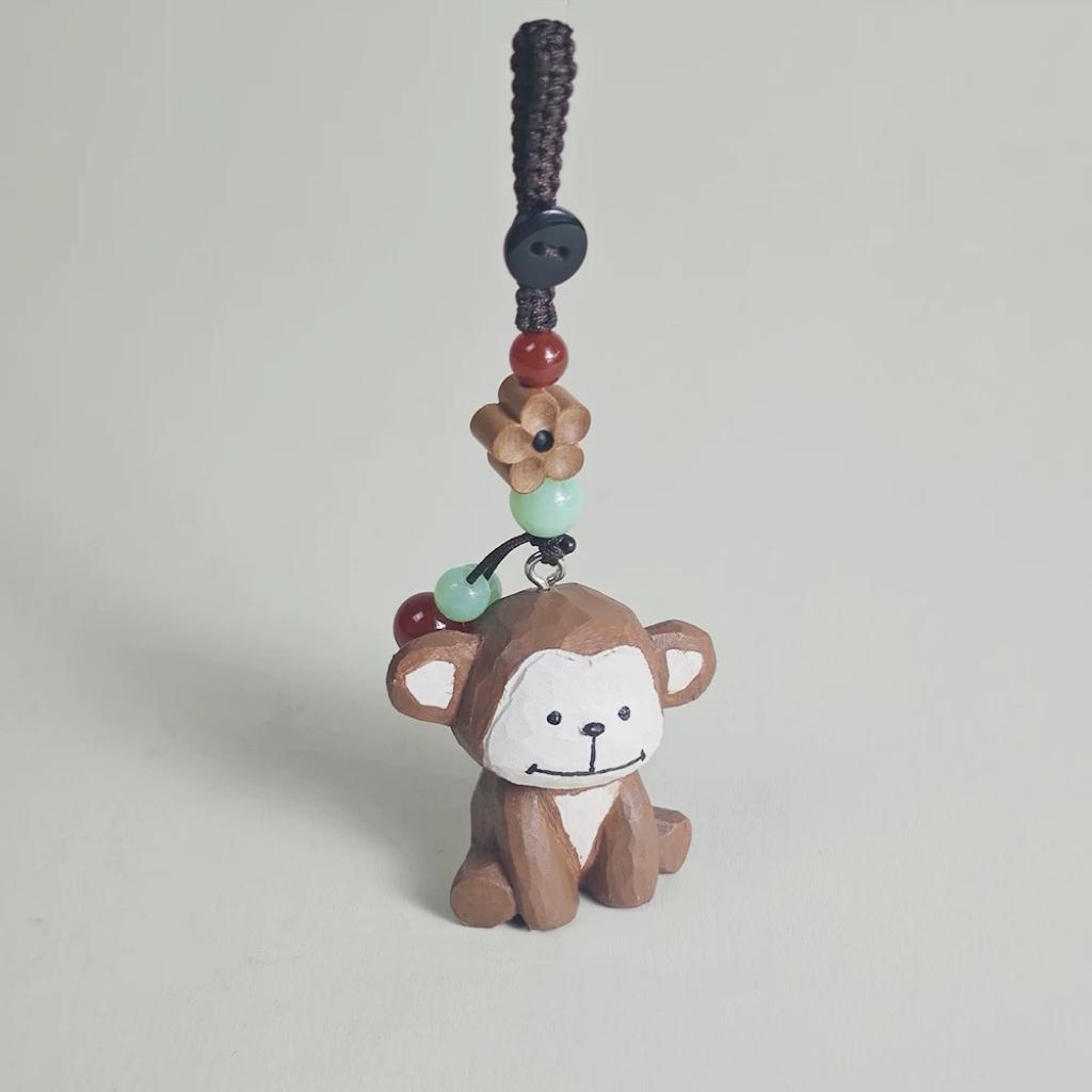 Japanese Style Monkey Wood Carving Keychain, Hand Carved Zodiac Monkey, Cute Wooden Monkey Bag Charm, Car Keychain, Gift for Animal Lovers