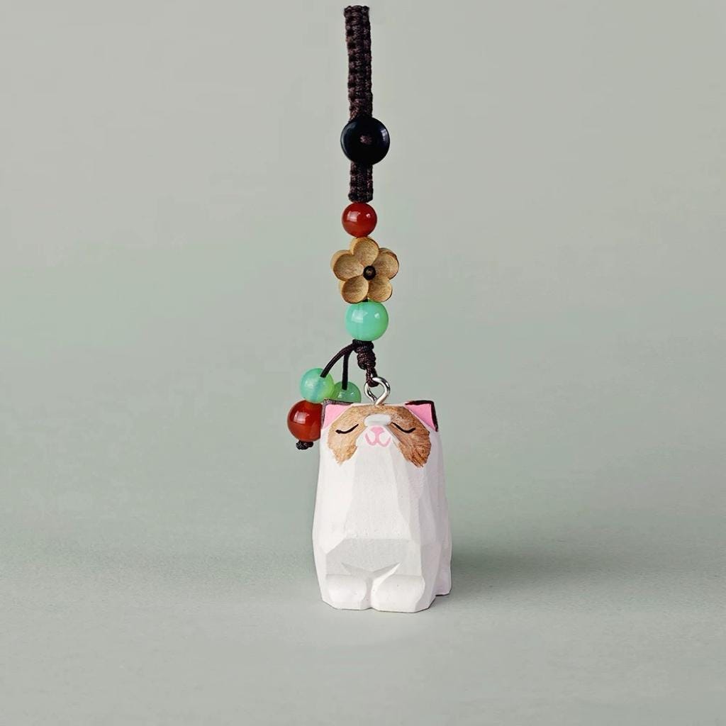 Japanese Kawaii Cat Wood Carving Keychain, Cute Pink Cat Charm, Hand Carved Wooden Cat Bag Charm, Feminine Cat Keychain Gift for Her