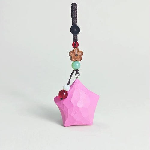 Japanese Style Lucky Star Wood Carving Keychain, Pink Hand Carved Linden Wood Star Charm, Cute Healing Bag Charm Key Ring Gift for Her