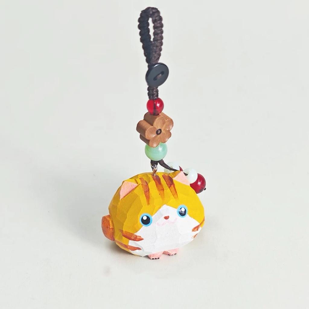 Japanese Style Orange Tabby Cat Wood Carving Keychain, Cute Round Kitten Linden Wood Charm, Handmade Bag Charm Key Ring Gift for Her