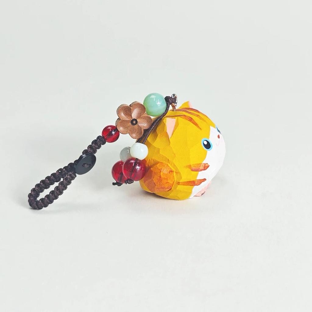 Japanese Style Orange Tabby Cat Wood Carving Keychain, Cute Round Kitten Linden Wood Charm, Handmade Bag Charm Key Ring Gift for Her
