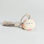 Japanese Style Silver Shaded Cat Wood Carving Keychain, Round Handmade Linden Wood Cat Charm, Cute Kitten Bag Charm, Wooden Pet Gift for Her