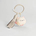 Japanese Style Silver Shaded Cat Wood Carving Keychain, Round Handmade Linden Wood Cat Charm, Cute Kitten Bag Charm, Wooden Pet Gift for Her