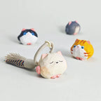 Japanese Style Silver Shaded Cat Wood Carving Keychain, Round Handmade Linden Wood Cat Charm, Cute Kitten Bag Charm, Wooden Pet Gift for Her