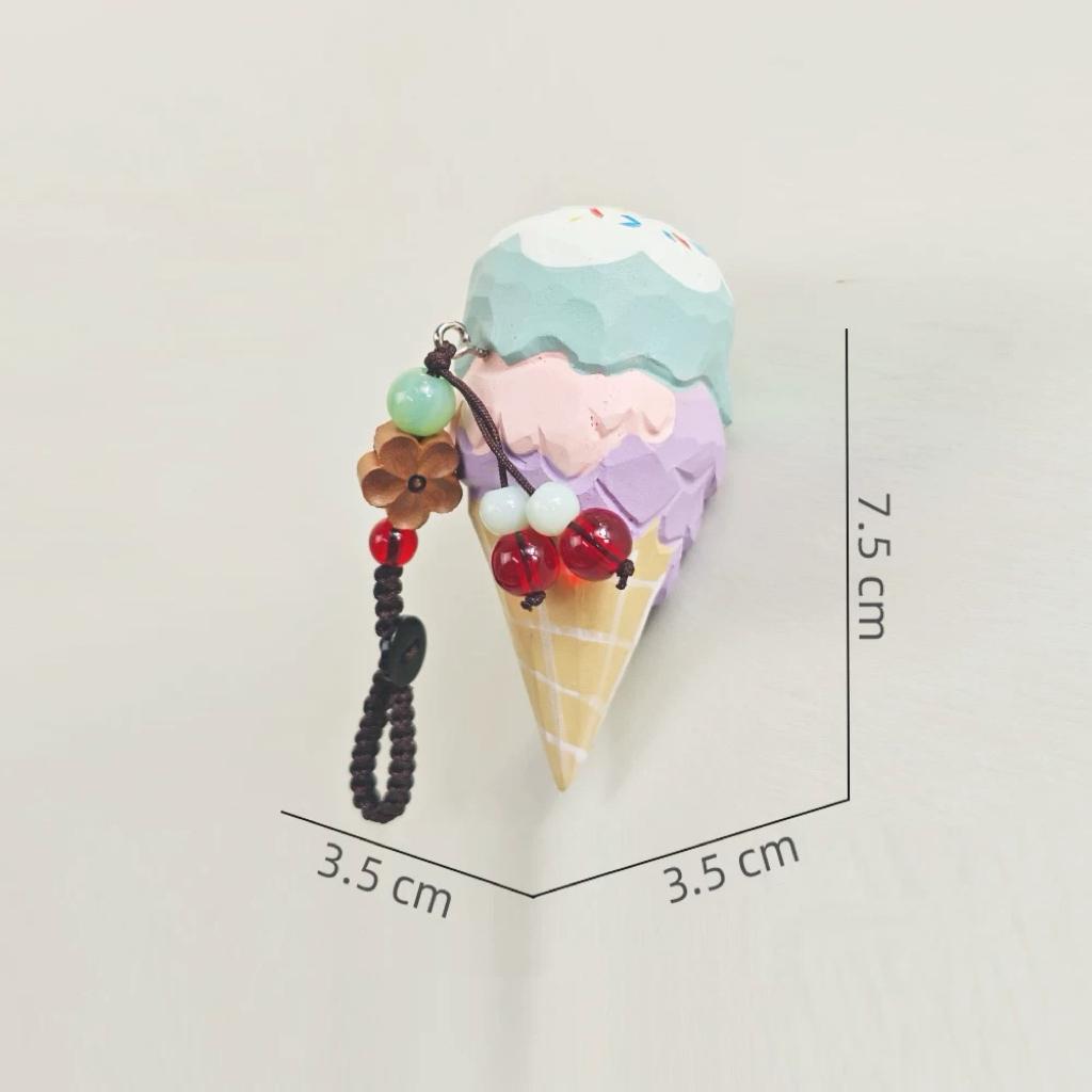 Japanese Style Ice Cream Wood Carving Keychain, Handmade Wood Ice Cream Cone Charm, Cute Dessert Bag Charm Key Ring Gift for Her