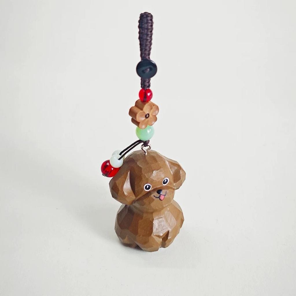 Japanese Style Toy Poodle Wood Carving Keychain, Brown Poodle Handmade Linden Wood Dog Charm, Cute Puppy Bag Charm Gift for Dog Lovers