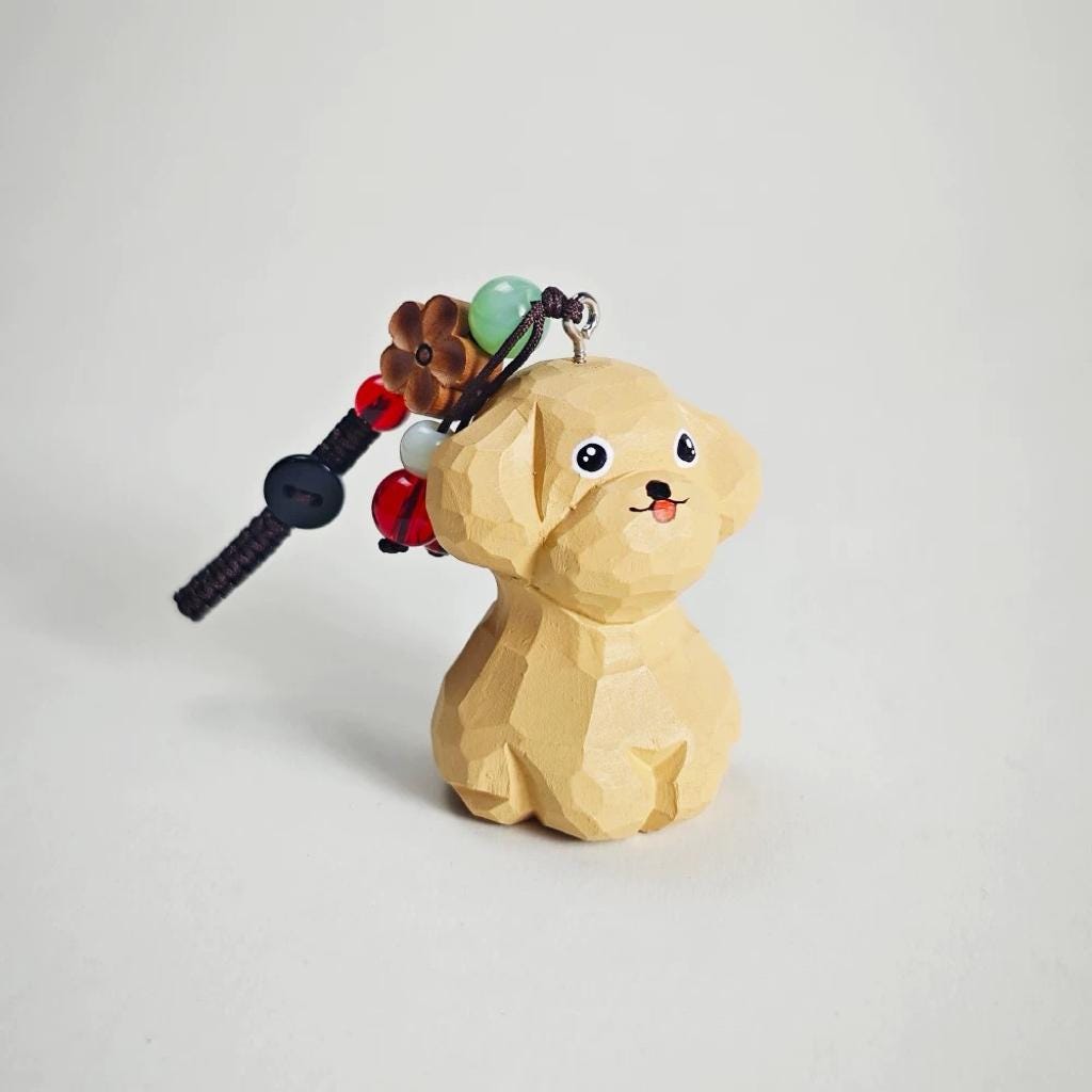 Japanese Wooden Teddy Dog Keychain Pendant, Hand Carved Puppy Bag Charm, Cute Animal Charm, Kawaii Dog Key Ring, Small Gift for Her