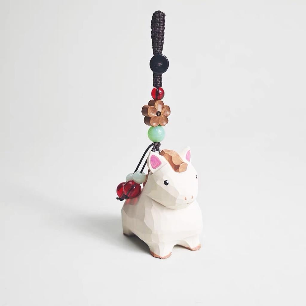 Japanese Wooden White Horse Keychain Pendant, Hand Carved Zodiac Horse Charm, Cute Animal Bag Charm, Small Horse Key Ring Gift for Her
