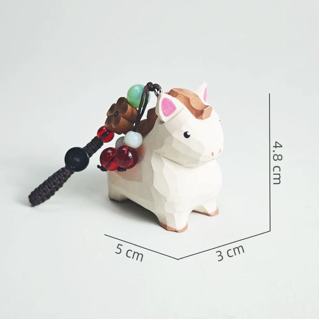 Japanese Wooden White Horse Keychain Pendant, Hand Carved Zodiac Horse Charm, Cute Animal Bag Charm, Small Horse Key Ring Gift for Her