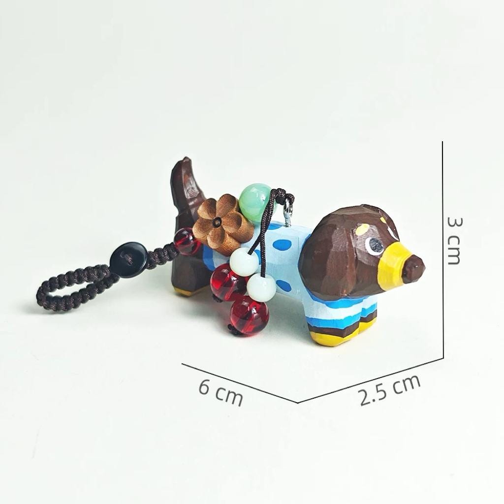 Japanese Style Wooden Dachshund Keychain Pendant, Hand Carved Sausage Dog Charm, Cute Bag Charm, Car Key Holder, Gift for Dog Lovers