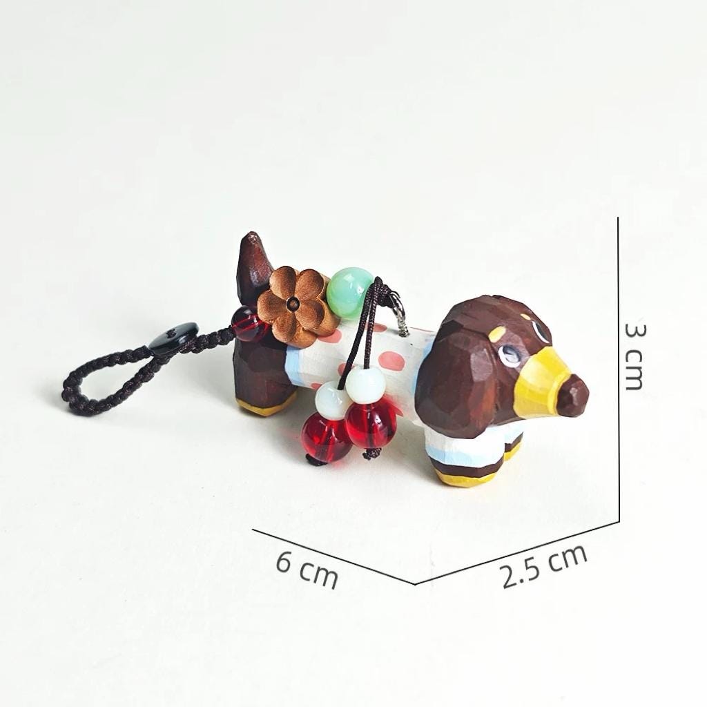 Japanese Style Wooden Dachshund Keychain Pendant, Hand Carved White Sausage Dog Charm, Cute Bag Charm, Car Keychain Gift