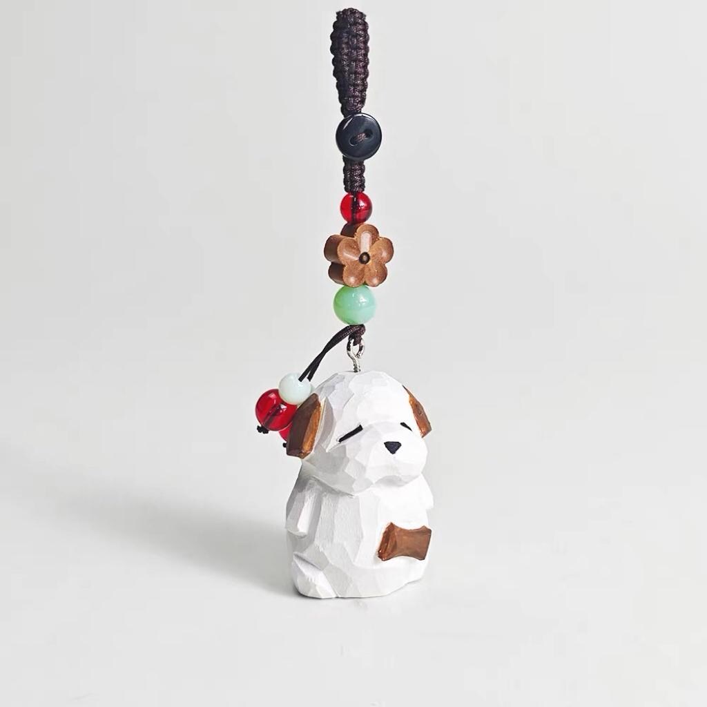 Japanese Style Wooden Puppy Keychain Pendant, Handmade Little Backpack Dog Bag Charm, Hand Carved Linden Wood Puppy Ornament Gift for Her