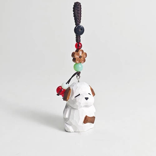 Japanese Style Wooden Puppy Keychain Pendant, Handmade Little Backpack Dog Bag Charm, Hand Carved Linden Wood Puppy Ornament Gift for Her