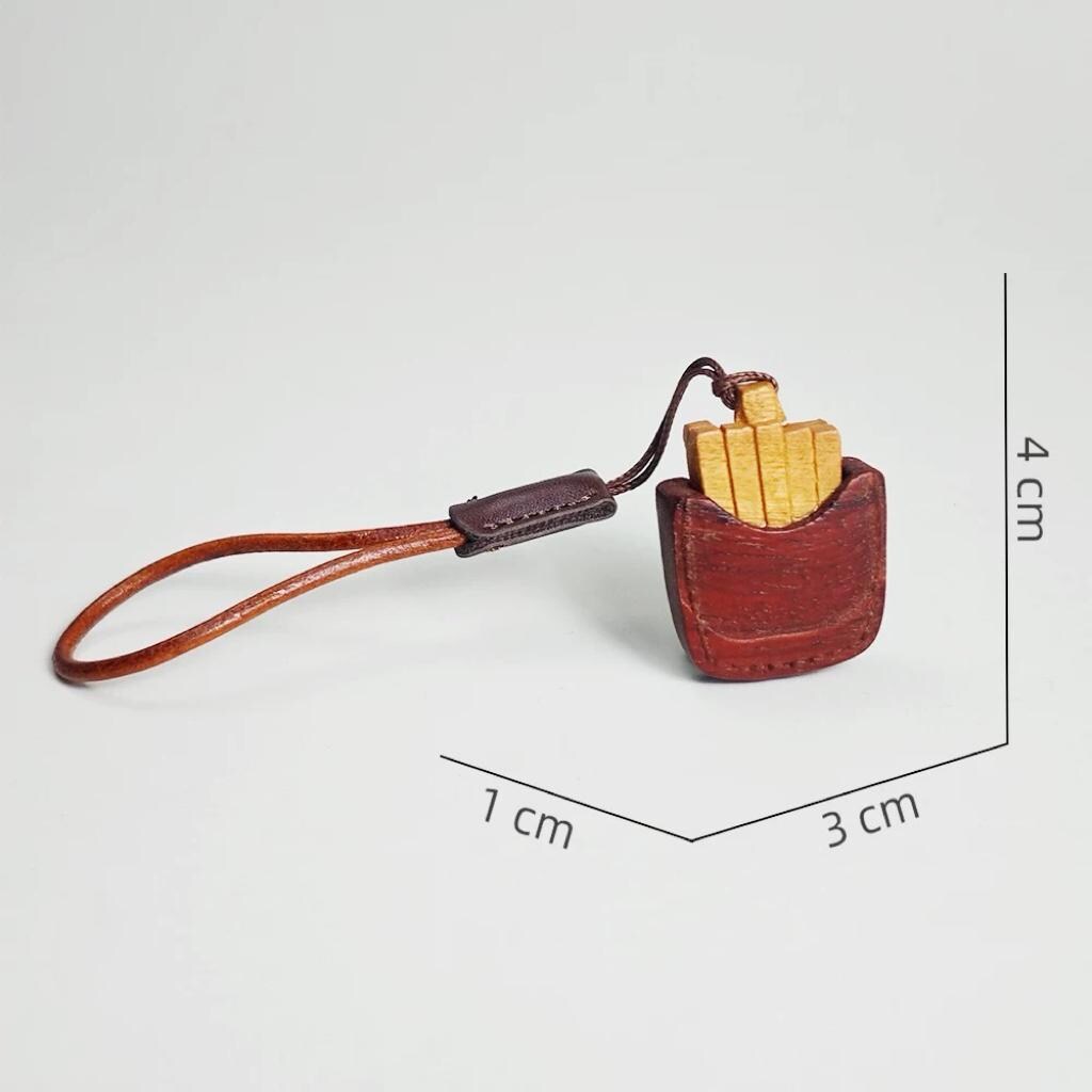 Japanese Style Wooden Fries Keychain Pendant, Hand Carved French Fries Charm, Leather Strap Bag Charm, Cute Food Keychain, Fun Gift for Her