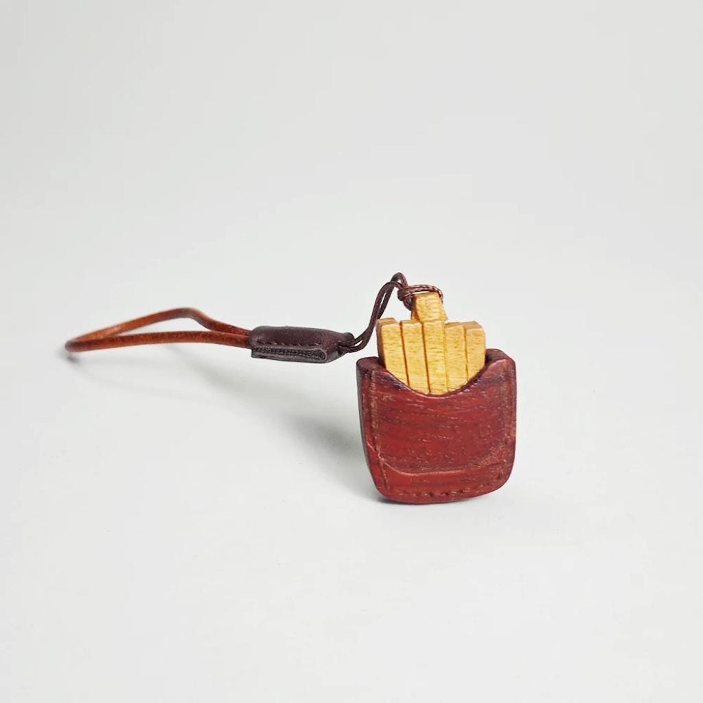 Japanese Style Wooden Fries Keychain Pendant, Hand Carved French Fries Charm, Leather Strap Bag Charm, Cute Food Keychain, Fun Gift for Her