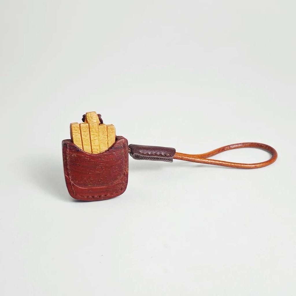 Japanese Style Wooden Fries Keychain Pendant, Hand Carved French Fries Charm, Leather Strap Bag Charm, Cute Food Keychain, Fun Gift for Her