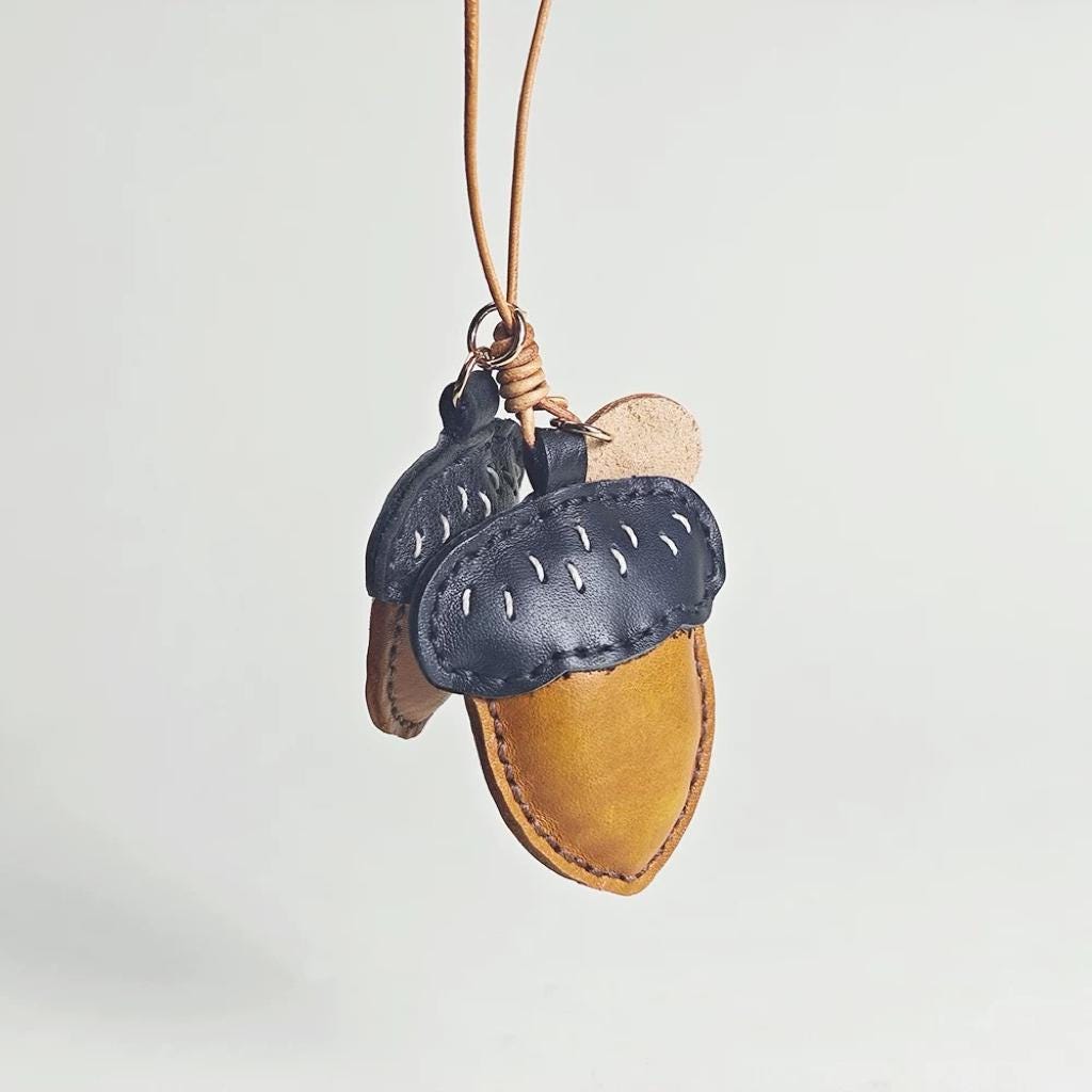 Leather Acorn Keychain Pendant, Handmade Bag Charm, Car Rear Mirror Hanging Ornament, Cute Nature Keyring, Aesthetic Gift for Her