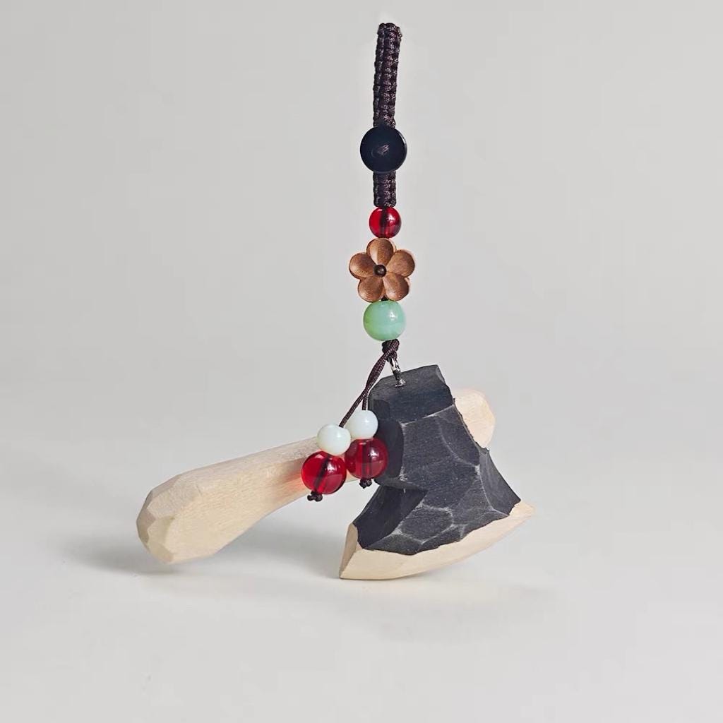 Hand Carved Wooden Axe Keychain, Mini Axe Bag Charm, Handmade Wood Pendant, Rustic Keyring, Unique Gift for Him or Her