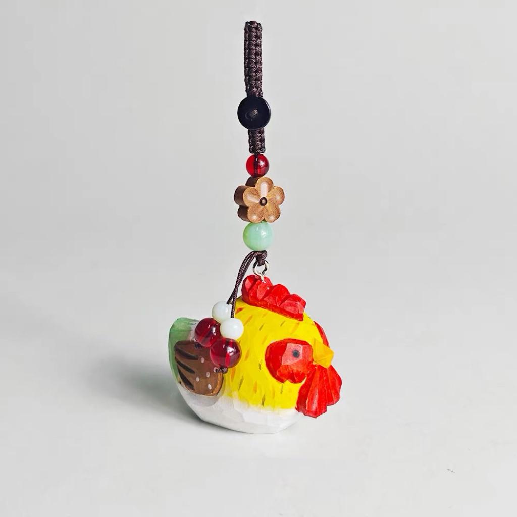 Janpanese Rooster Keychain, Handmade Wooden Chicken Charm, Cute Animal Keyring, Bag Pendant, Car Mirror Hanging Ornament, Gift for Her Him