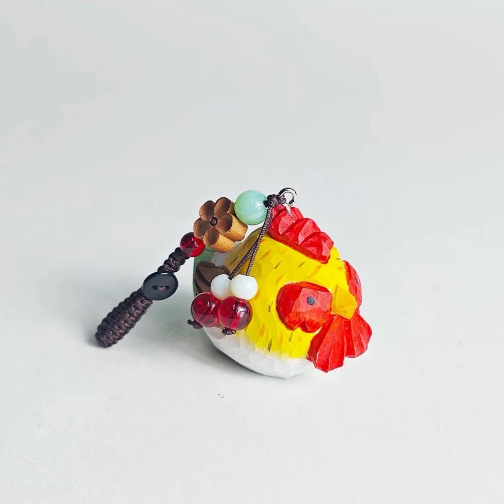 Janpanese Rooster Keychain, Handmade Wooden Chicken Charm, Cute Animal Keyring, Bag Pendant, Car Mirror Hanging Ornament, Gift for Her Him
