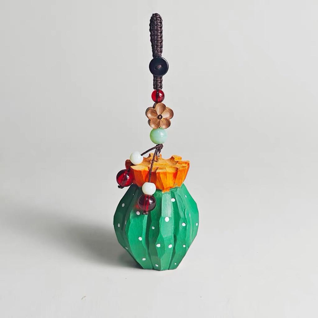 Cactus Keychain, Handmade Wooden Succulent Charm, Cute Plant Keyring, Bag Pendant, Car Rear Mirror Hanging Ornament, Gift for Plant Lover