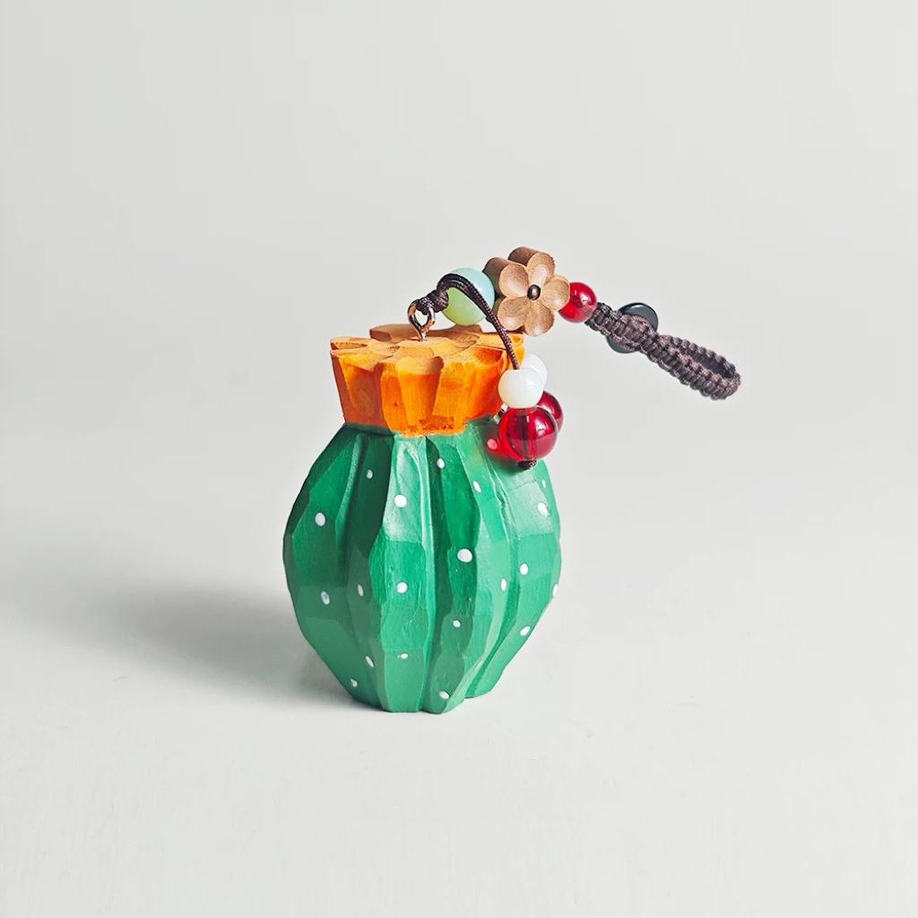 Cactus Keychain, Handmade Wooden Succulent Charm, Cute Plant Keyring, Bag Pendant, Car Rear Mirror Hanging Ornament, Gift for Plant Lover