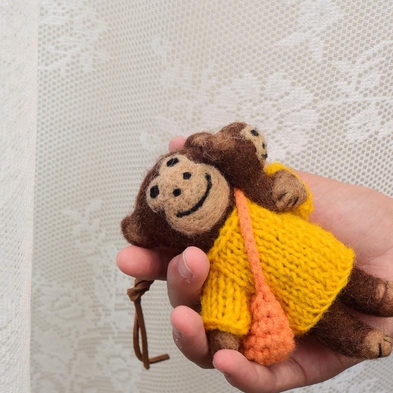 Handmade Monkey Keychain, Felt Monkey Charm, Cute Animal Bag Pendant, Car Rear Mirror Hanging Ornament, Gift for Mom, Family Gift