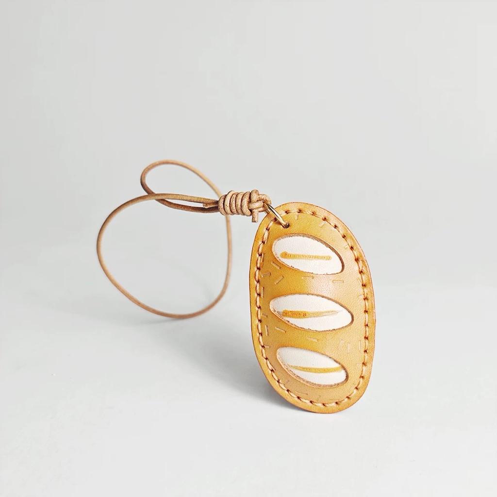 Leather Bread Keychain, French Baguette, Handmade Leather Bag Pendant, Cute Food Keyring, Car Rear Mirror Hanging Ornament, Gift for Her