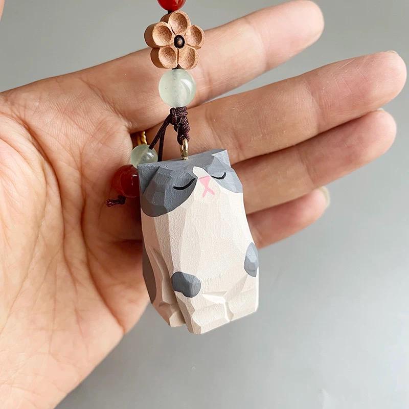 Handmade Wooden Sleeping Cat Keychain, Cute Animal Keyring, Car Rear Mirror Hanging Ornament, Cat Lover Gift, Minimalist Pet Pendant