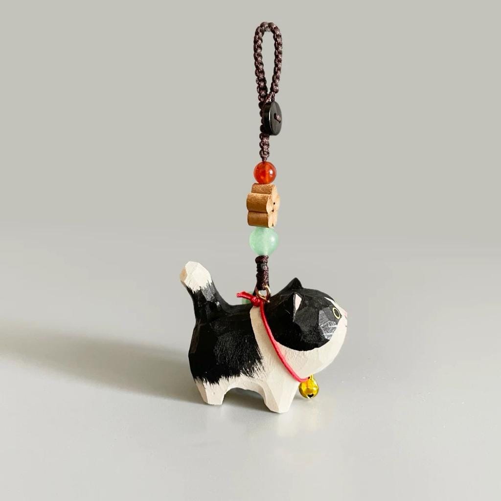 Japanese Handmade Wooden Chubby Cat Keychain, Bag Charms, Animal Bag Pendant, Car Rear Mirror Hanging Ornament, Cat Lover Gift
