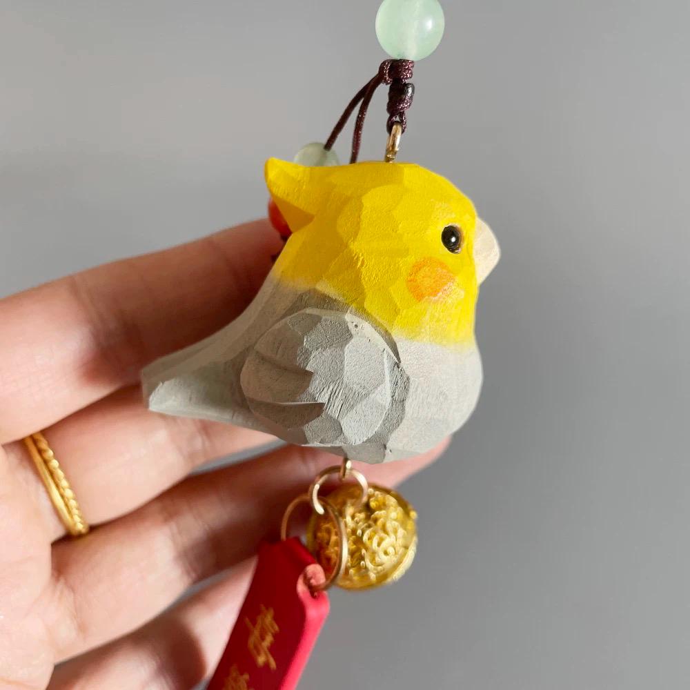 Hand Carved Bird Car Hanging Ornament, Cute Cockatiel Rear View Mirror Charm, Wooden Bird Pendant, Lucky Car Decor, Bike Charm Gift
