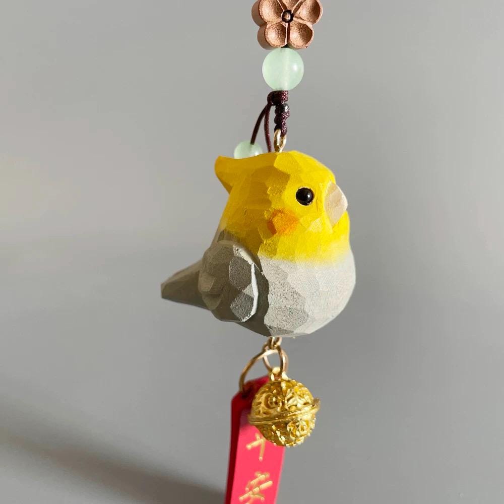 Hand Carved Bird Car Hanging Ornament, Cute Cockatiel Rear View Mirror Charm, Wooden Bird Pendant, Lucky Car Decor, Bike Charm Gift