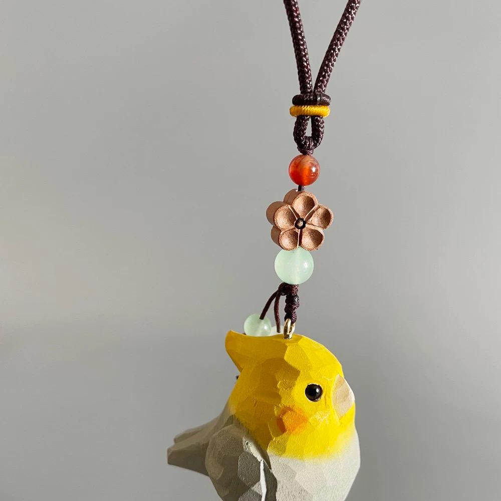 Hand Carved Bird Car Hanging Ornament, Cute Cockatiel Rear View Mirror Charm, Wooden Bird Pendant, Lucky Car Decor, Bike Charm Gift