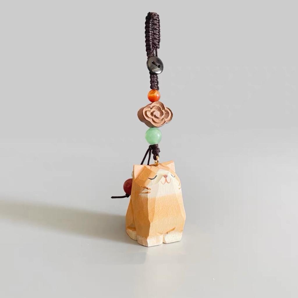 Japanese Style Wooden Cat Pendant, Hand Carved Lucky Cloud Cat Keychain, Cute Cat Bag Charm, Phone Charm, Animal Keychain Gift